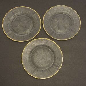 Set 3 1950's Jeanette Glass Harp 7" Salad Plates Scalloped Edge Gold Trim Lot
